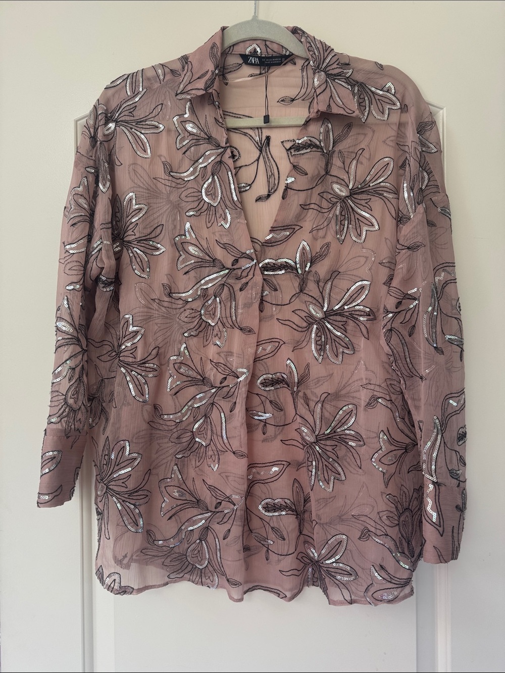 Zara Rose Pink Floral Sheer Button-Down Blouse with Silver Accents